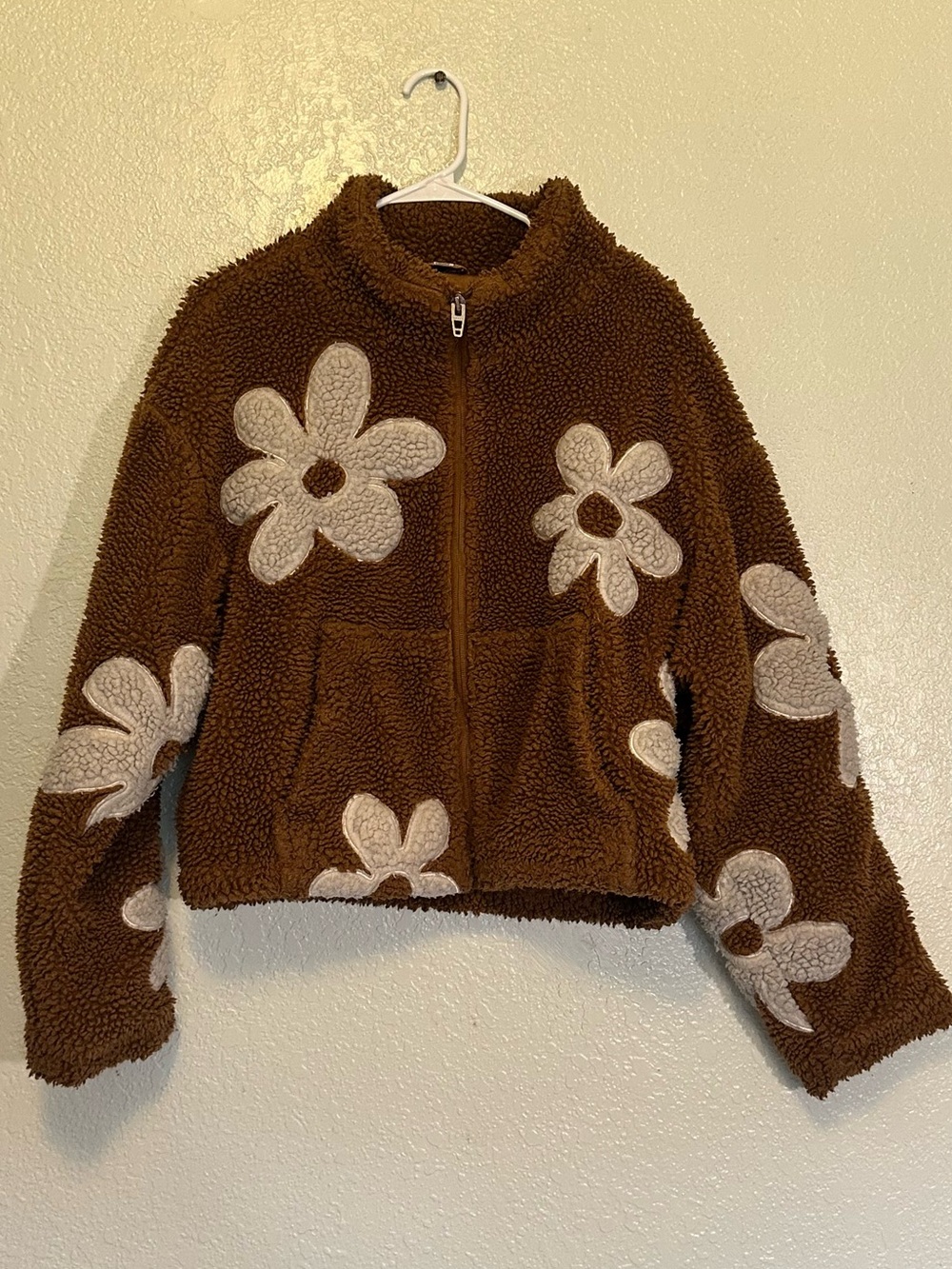 Blank NYC Brown Sherpa Puffer Jacket with Cream Daisy Appliqués L